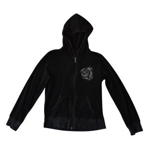 Y2K Black Velour Zip Hoodie Jacket with Rhinestone Rose – Size SM